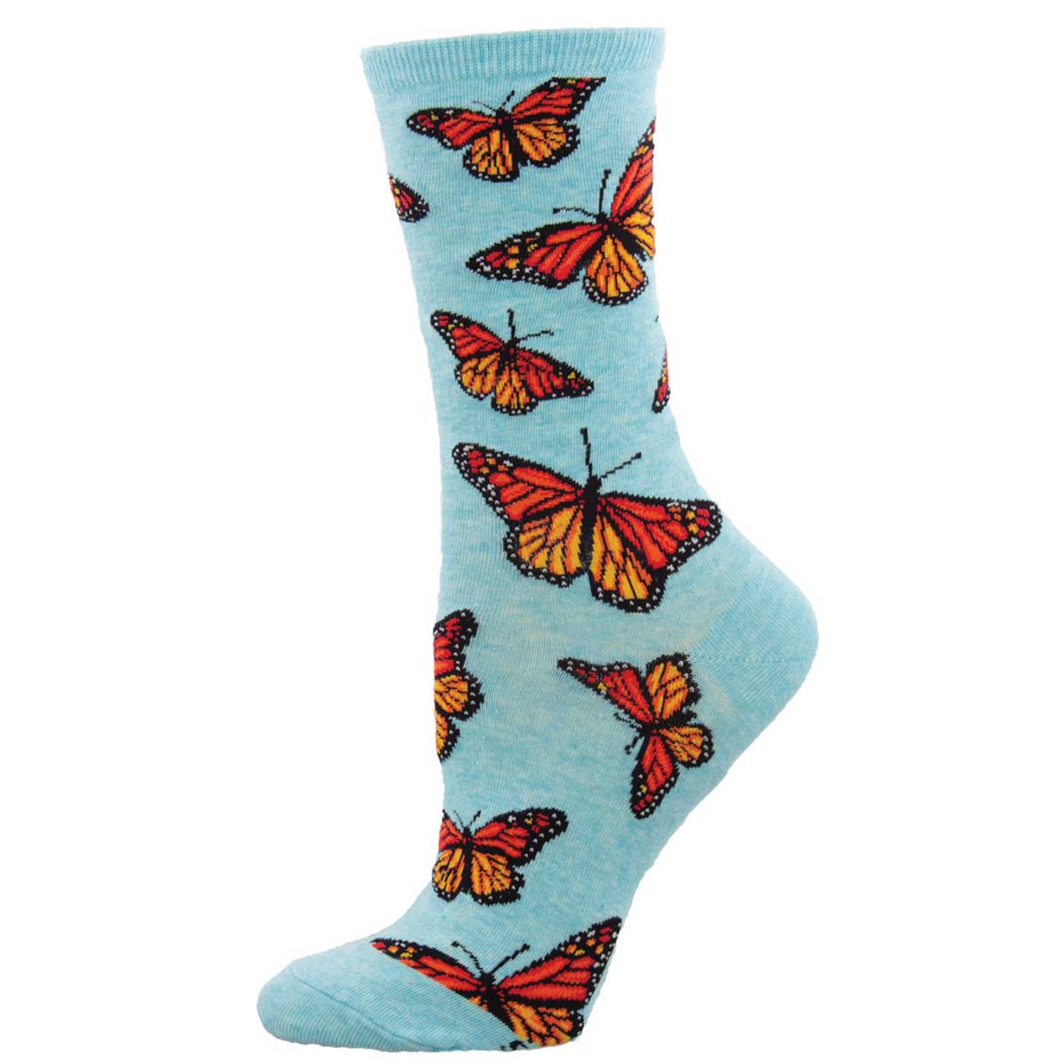 Women's Cotton Crew Socks - Monarch Butterfly Design - Blue - Socksmith