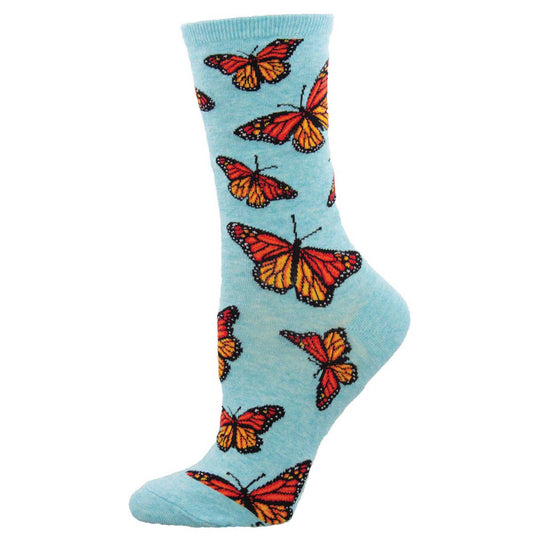 Women's Cotton Crew Socks - Monarch Butterfly Design - Blue - Socksmith