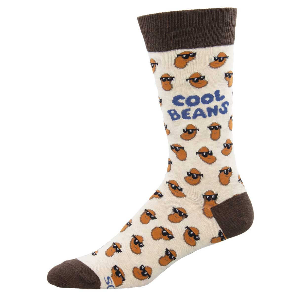 A pair of beige crew socks with a pattern of coffee beans and the text 'COOL BEANS' across the top.