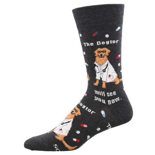 A pair of gray crew socks with a pattern featuring dogs in medical attire and text that reads 'The Dogtor will see you now.'