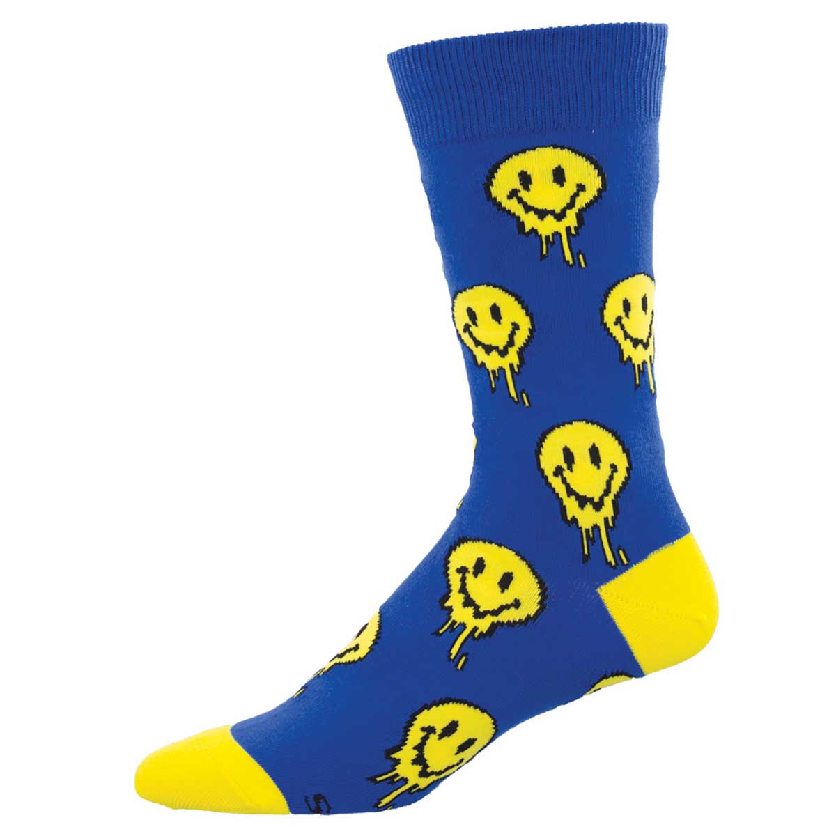 A pair of blue crew socks with a pattern of yellow smiley faces, designed for men.
