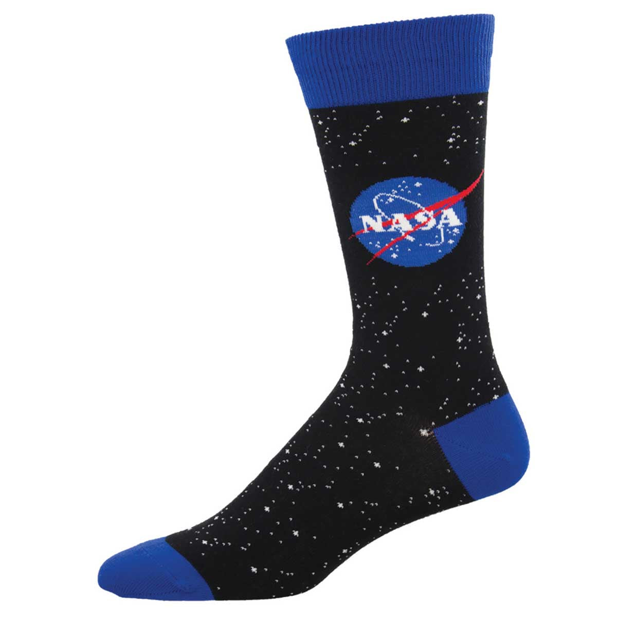 A pair of black crew socks with the NASA logo in blue and red on the ankle area, featuring a starry night design on the shaft.
