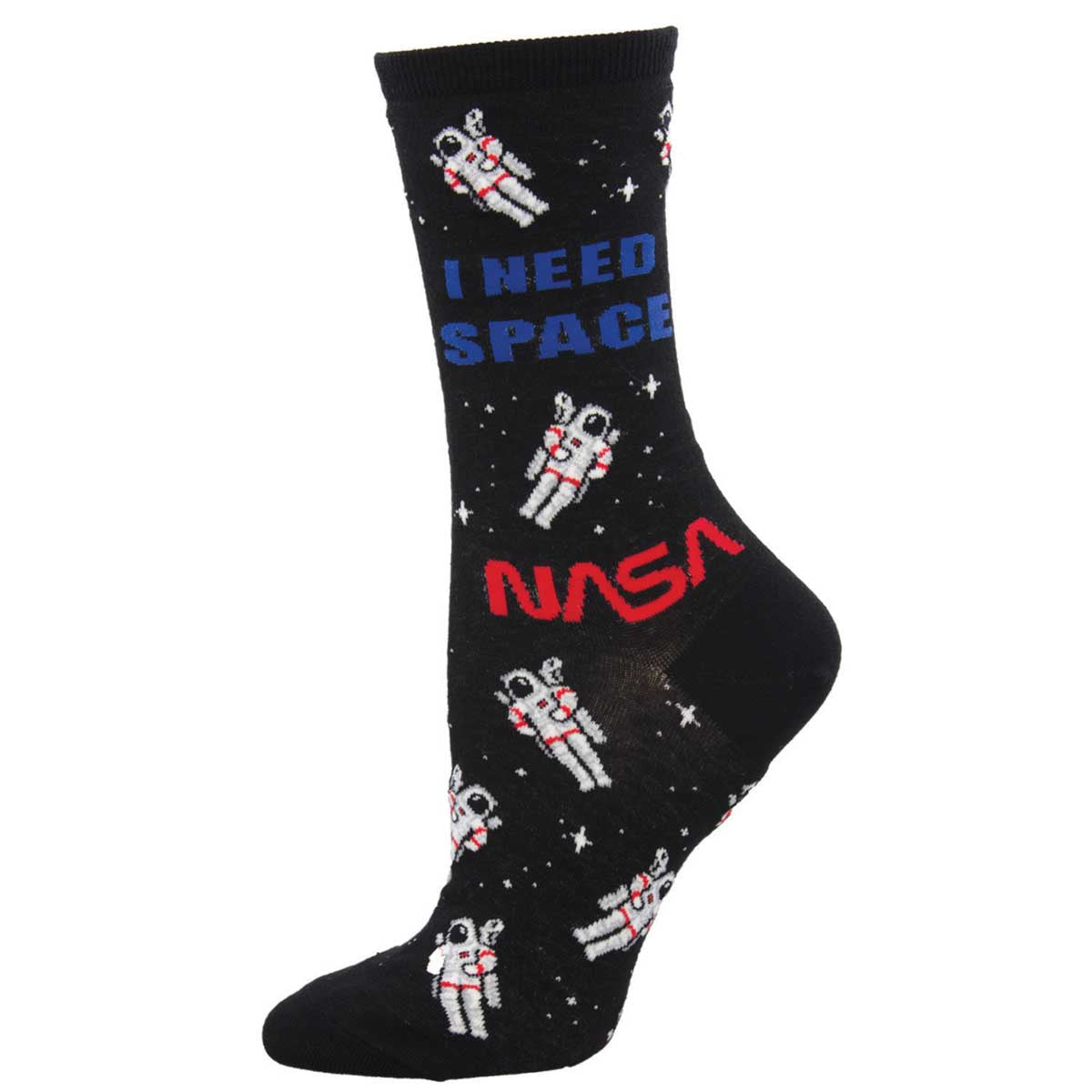 A pair of black cotton crew socks with a pattern of astronauts and the text 'I NEED SPACE' followed by 'NASA'.