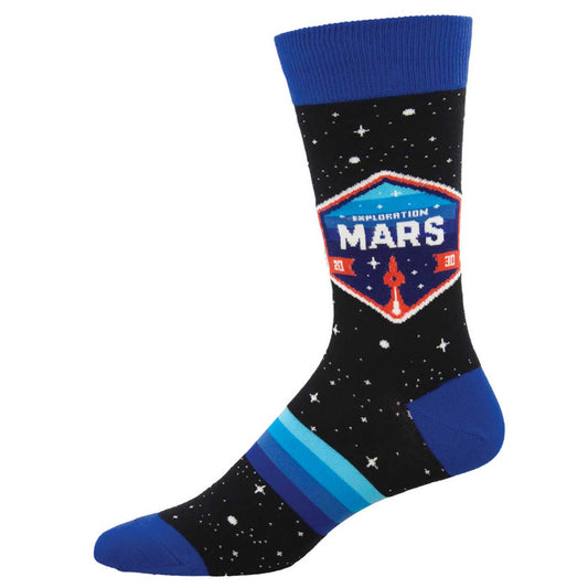 A pair of crew socks with a space-themed pattern including stars and a Mars exploration patch.