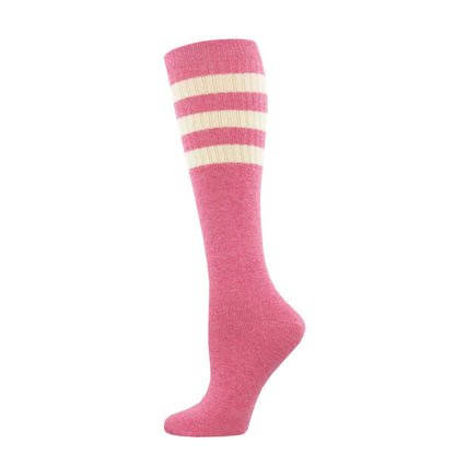 A pair of knee-high socks with a striped pattern of against a heathered pink background.