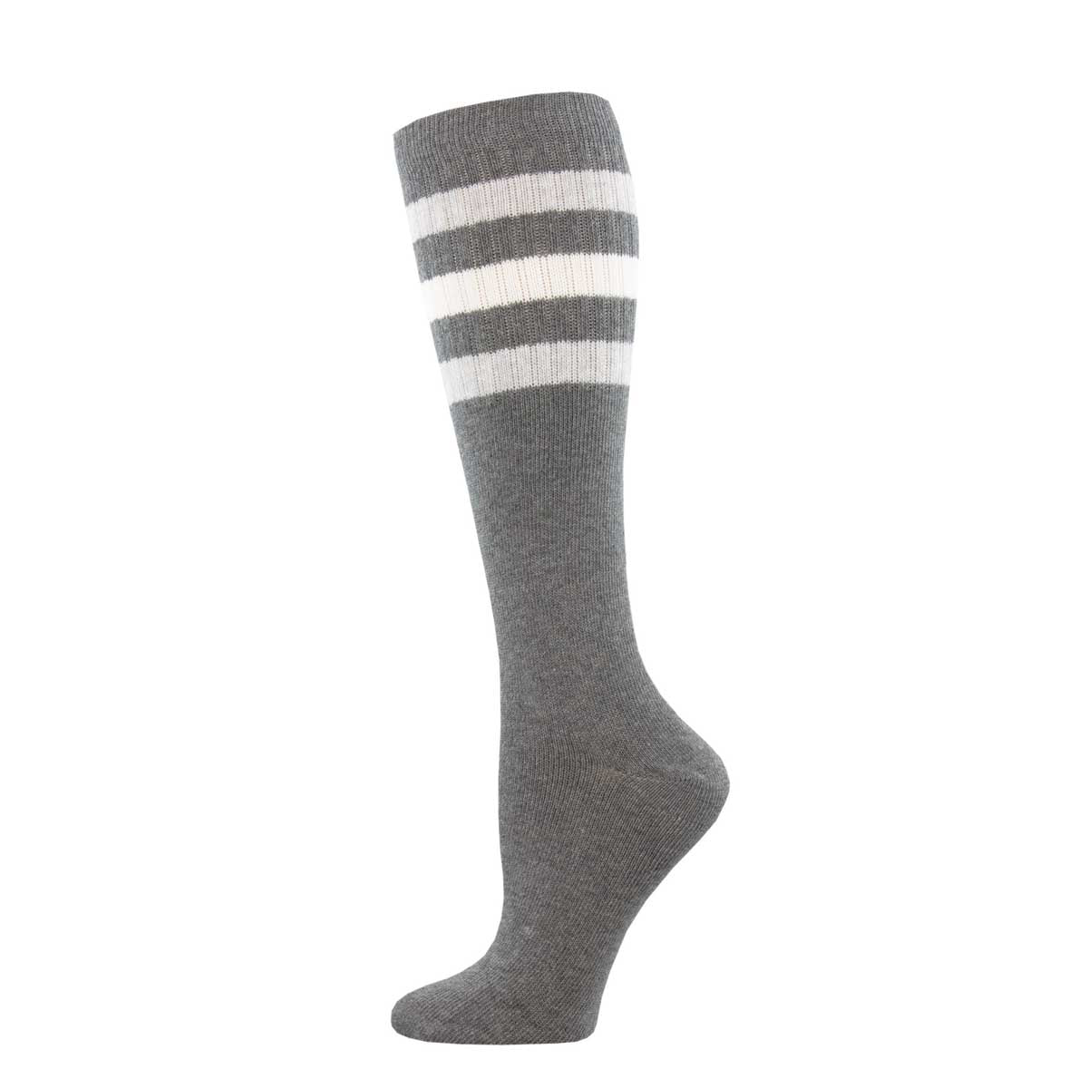 A pair of knee-high socks with a striped pattern of against a heathered grey background.