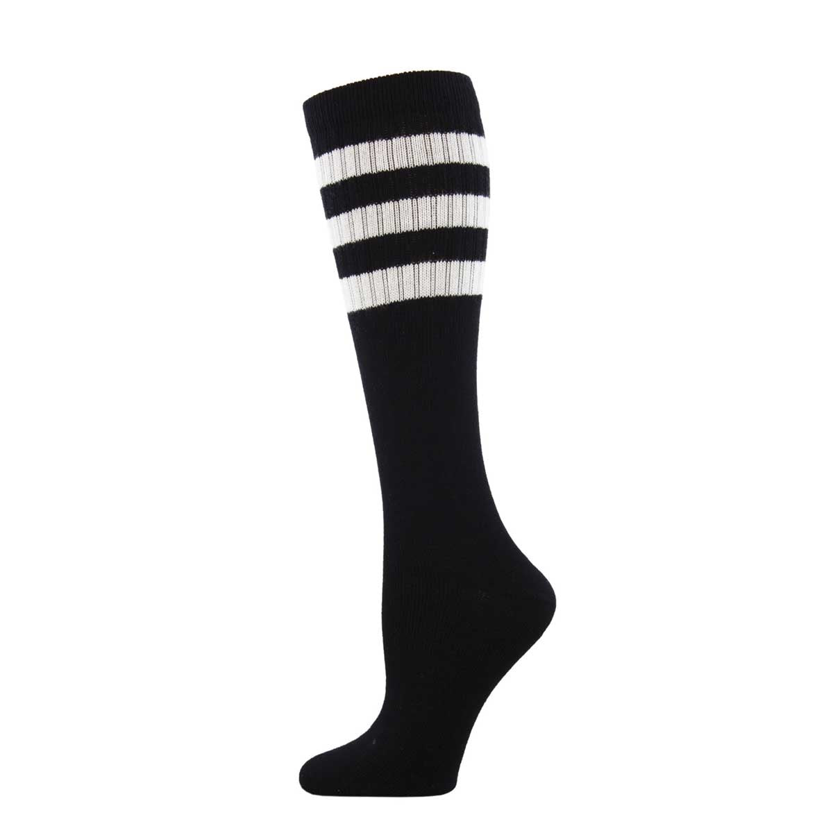 A pair of knee-high socks with a striped pattern of against a black background.