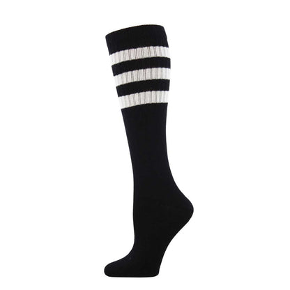 A pair of knee-high socks with a striped pattern of against a black background.