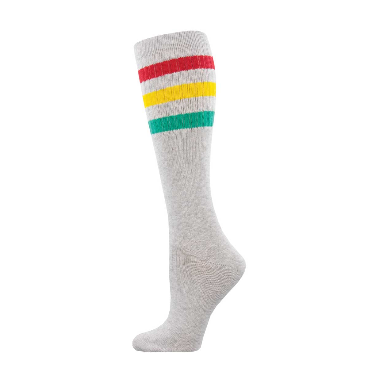 A pair of knee-high socks with a striped pattern of red, yellow, and green against a heathered gray background.