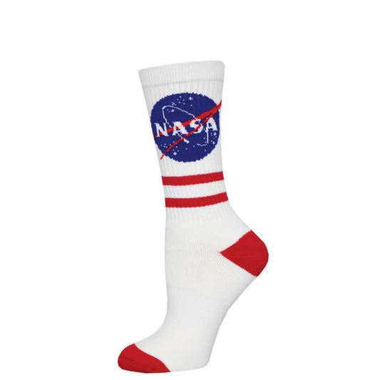 A pair of white crew socks with red stripes and the NASA logo on the cuff.
