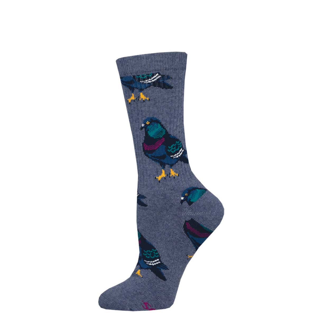 A pair of crew socks with a pattern of pigeons in various colors on a blue gray background.