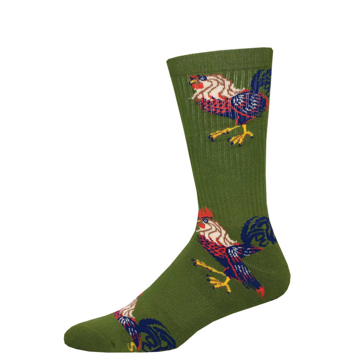 A pair of green athletic crew socks with a multicolored rooster pattern