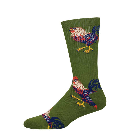 A pair of green athletic crew socks with a multicolored rooster pattern