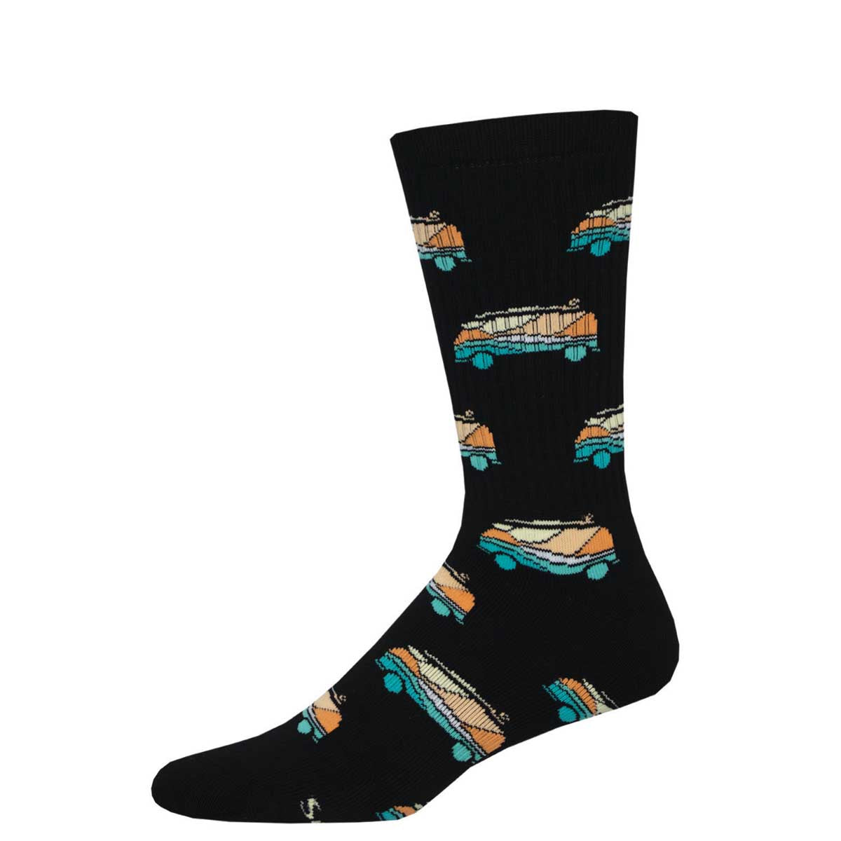 A pair of black crew socks with a pattern of colorful surf buses.
