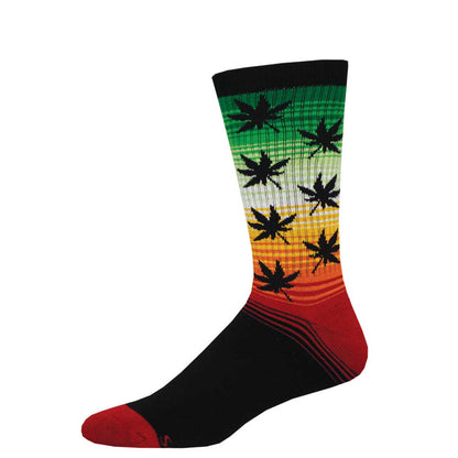 A pair of colorful athletic socks with a geometric pattern featuring cannabis leaves, transitioning from green to red colors.