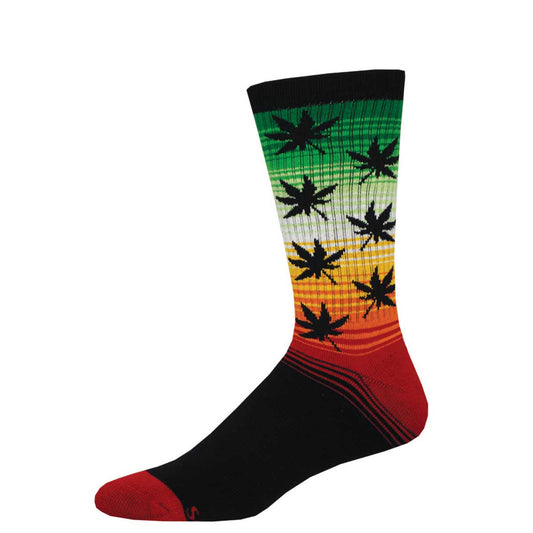 A pair of colorful athletic socks with a geometric pattern featuring cannabis leaves, transitioning from green to red colors.