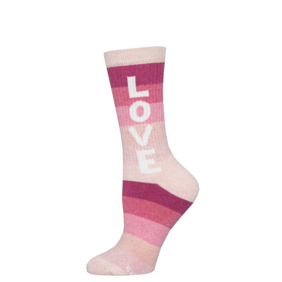 A pair of striped socks with the word 'LOVE' displayed in a gradient of the pink color spectrum.