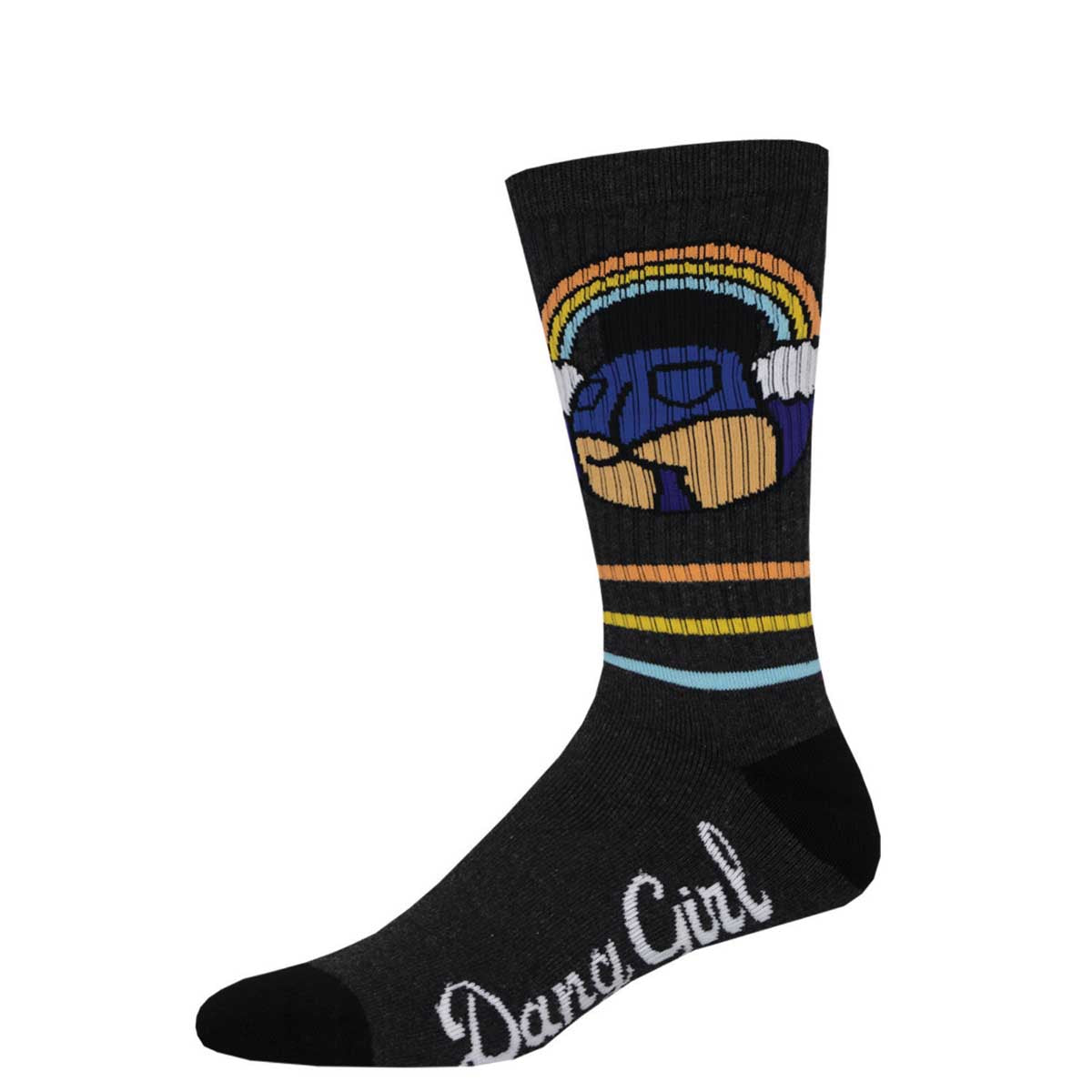 A pair of black crew socks with a colorful graphic design and text 'Dang Girl' on the ankle area.