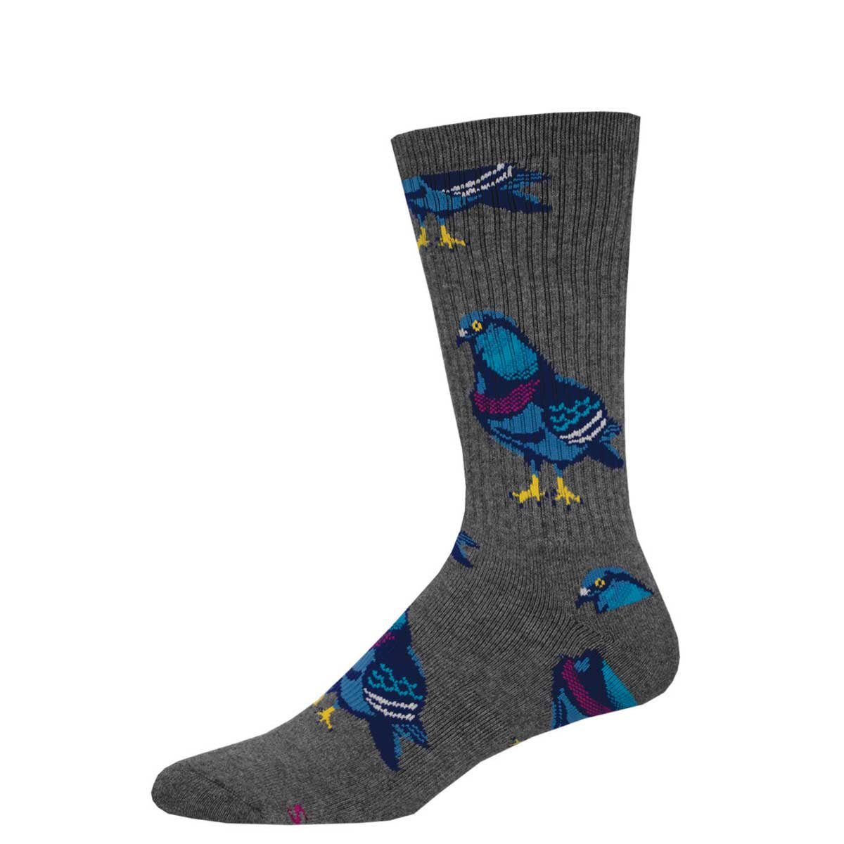 A pair of crew socks with a pattern of pigeons in various colors on a blue gray background.