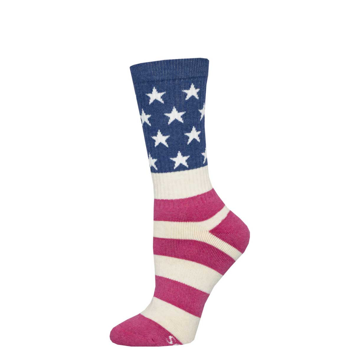 A pair of crew socks with the pattern of the American flag, predominantly pink and white stripes with white stars on a field of blue on the cuff.