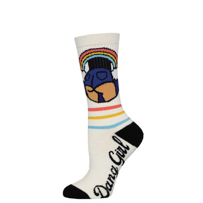 A pair of white crew socks with a colorful graphic design and text 'Dang Girl' on the ankle area.