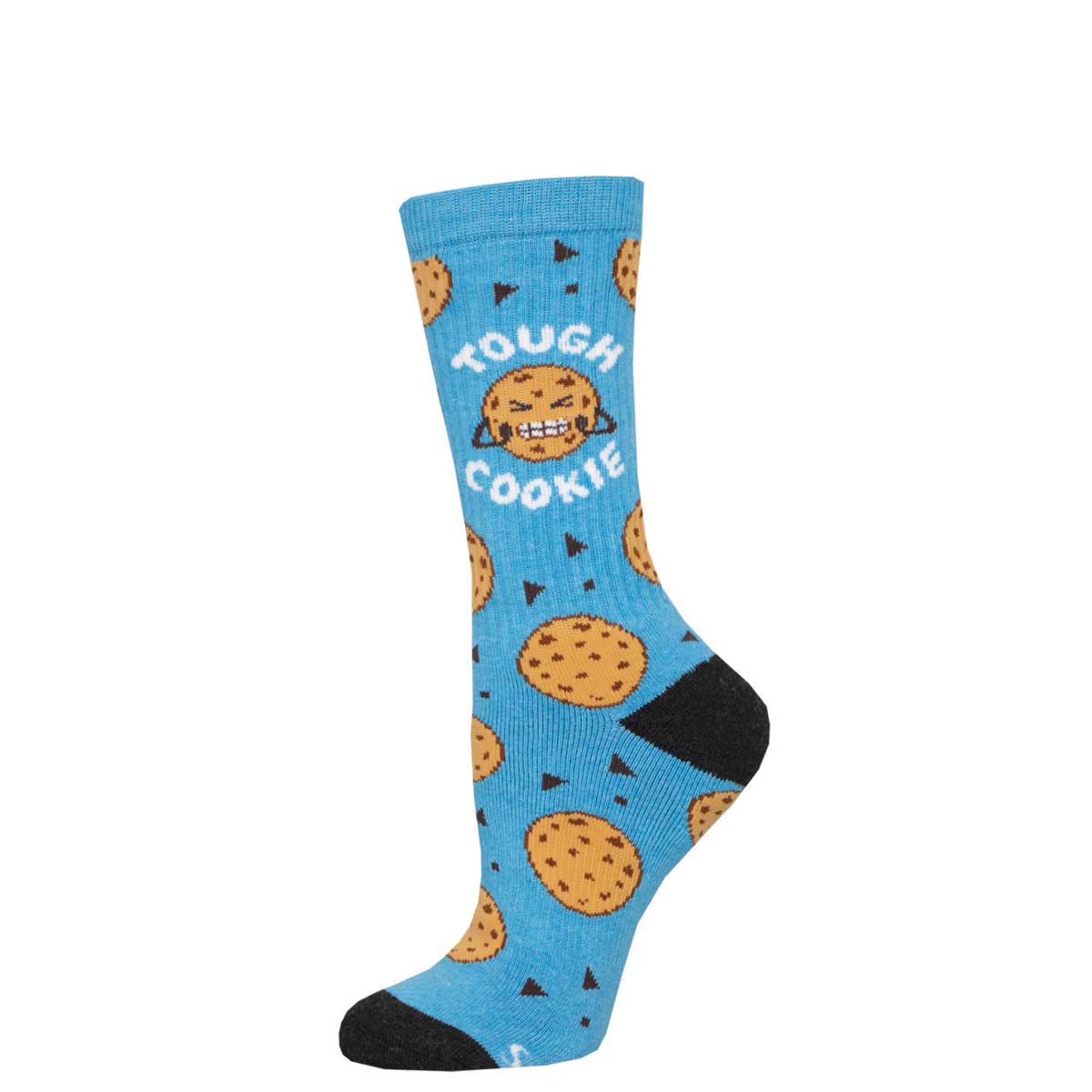A pair of blue crew socks with a pattern of cookies and the phrase 'TOUGH COOKIE' at the top, with blue toe and heel caps.
