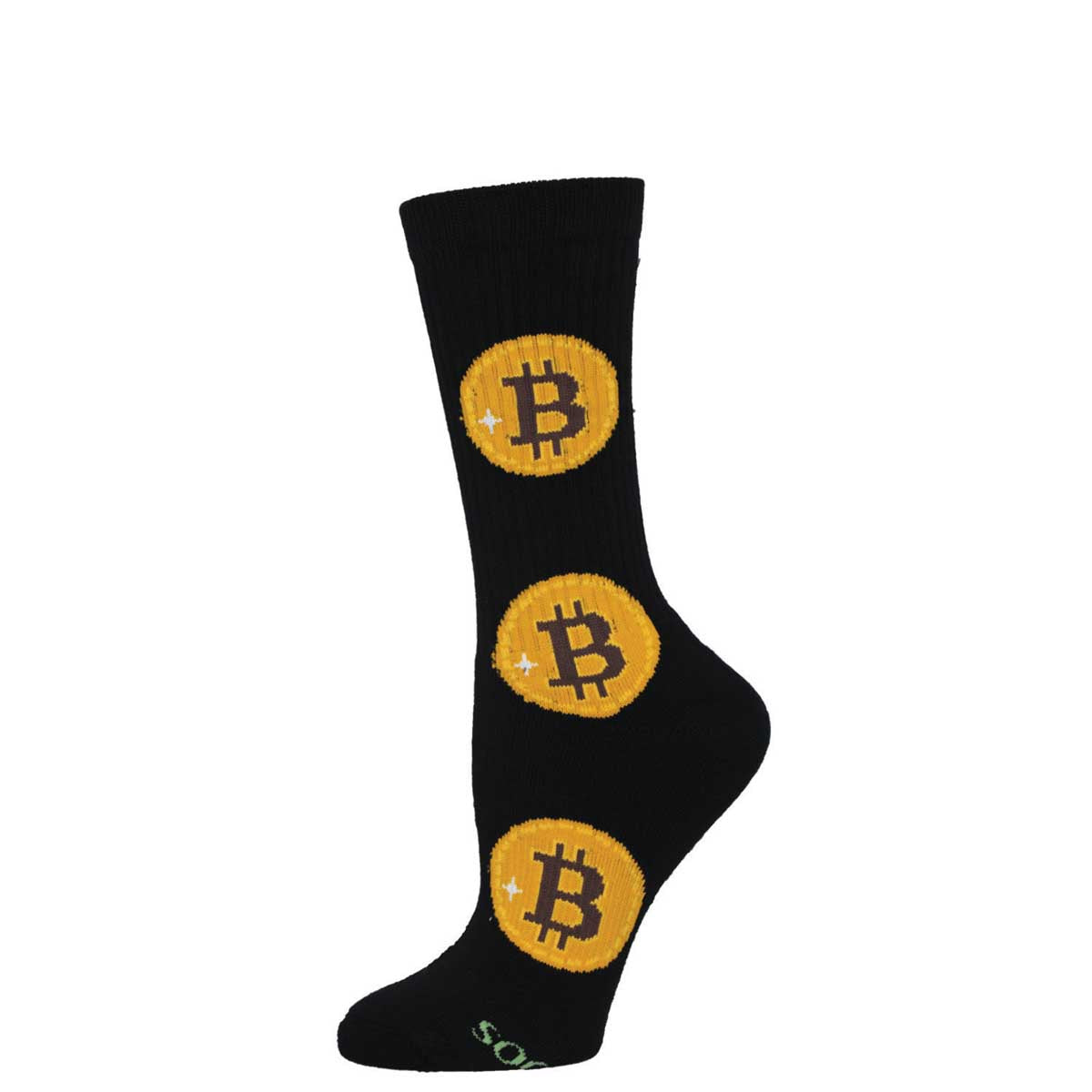 A pair of black crew socks with the images of a golden bitcoin symbol throughout.