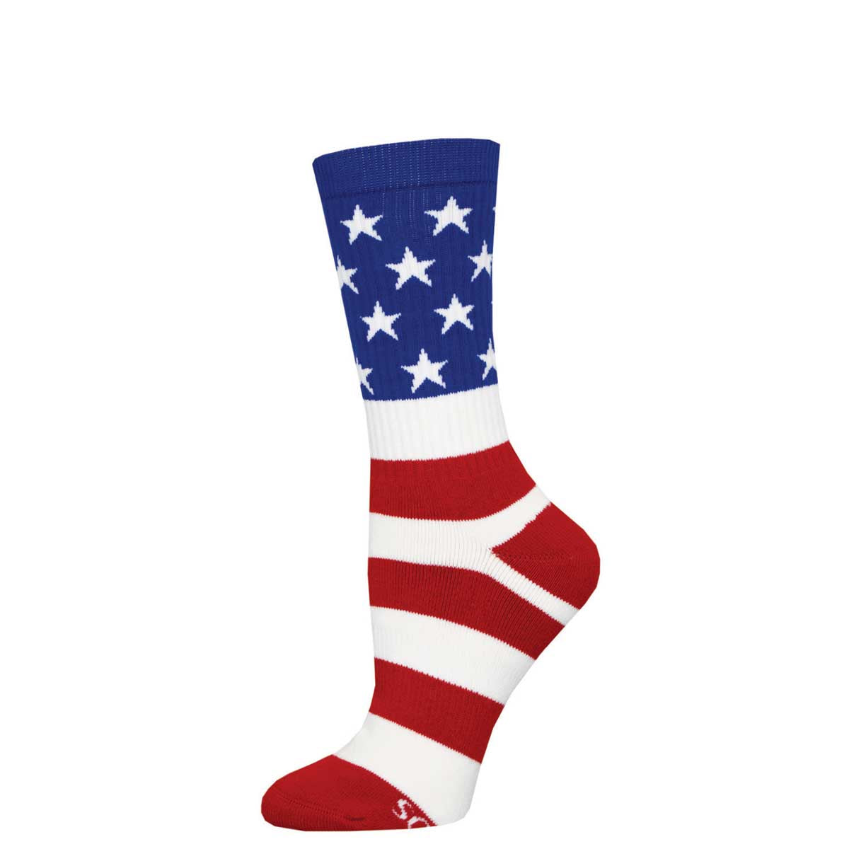 A pair of crew socks with the pattern of the American flag, predominantly red and white stripes with white stars on a field of blue on the cuff.