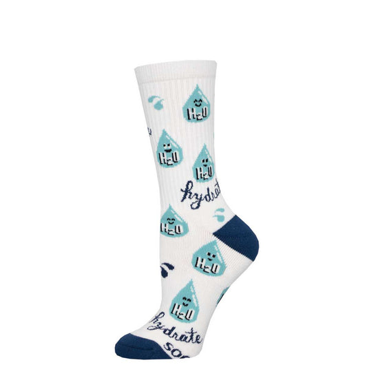 A pair of white crew socks with a pattern of water droplets and the text 'Hydrate!' displayed across the foot.