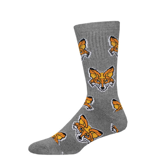 A pair of gray crew socks with fox patterns in orange and white.