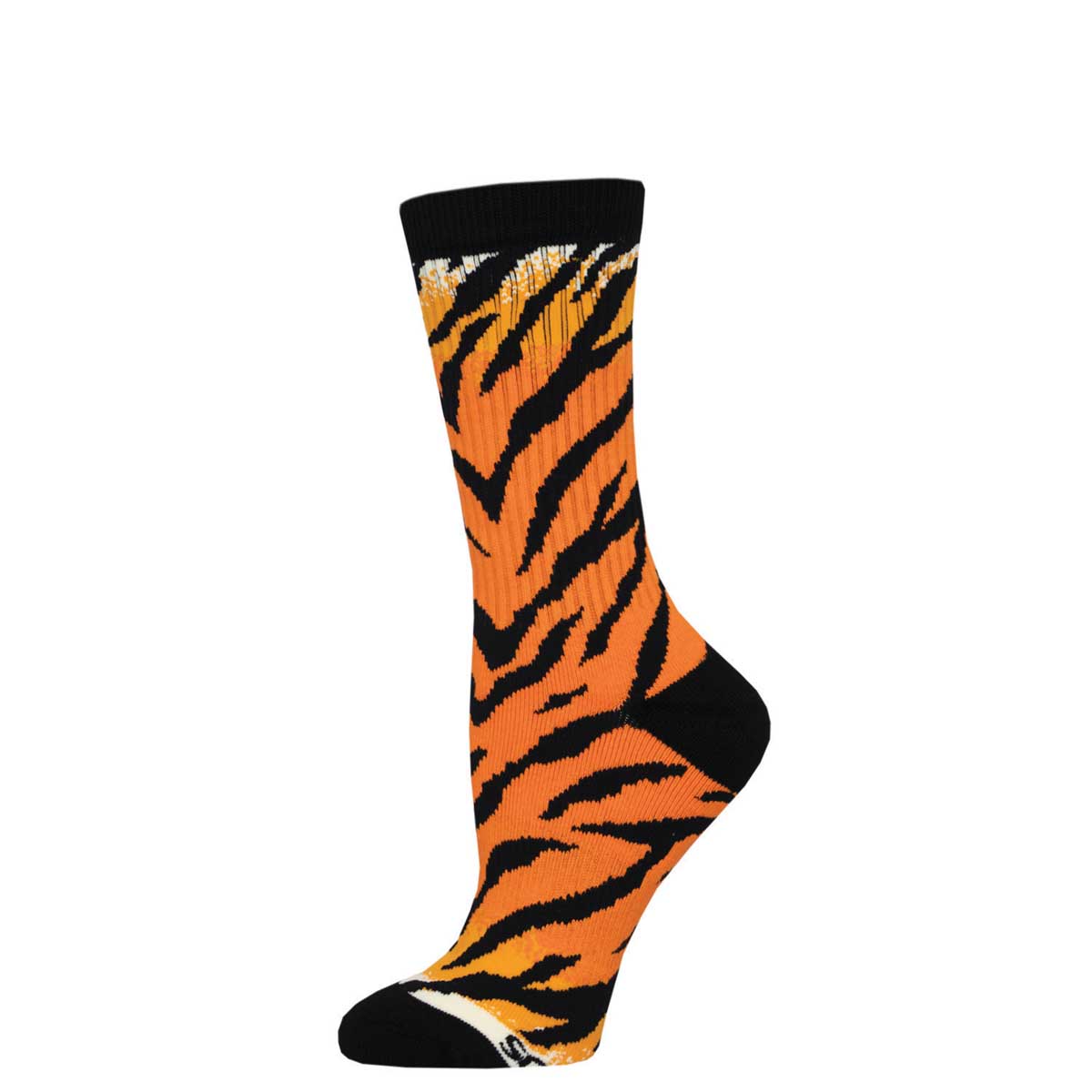 A pair of orange and black striped crew socks with a cushioned footbed and arch support.