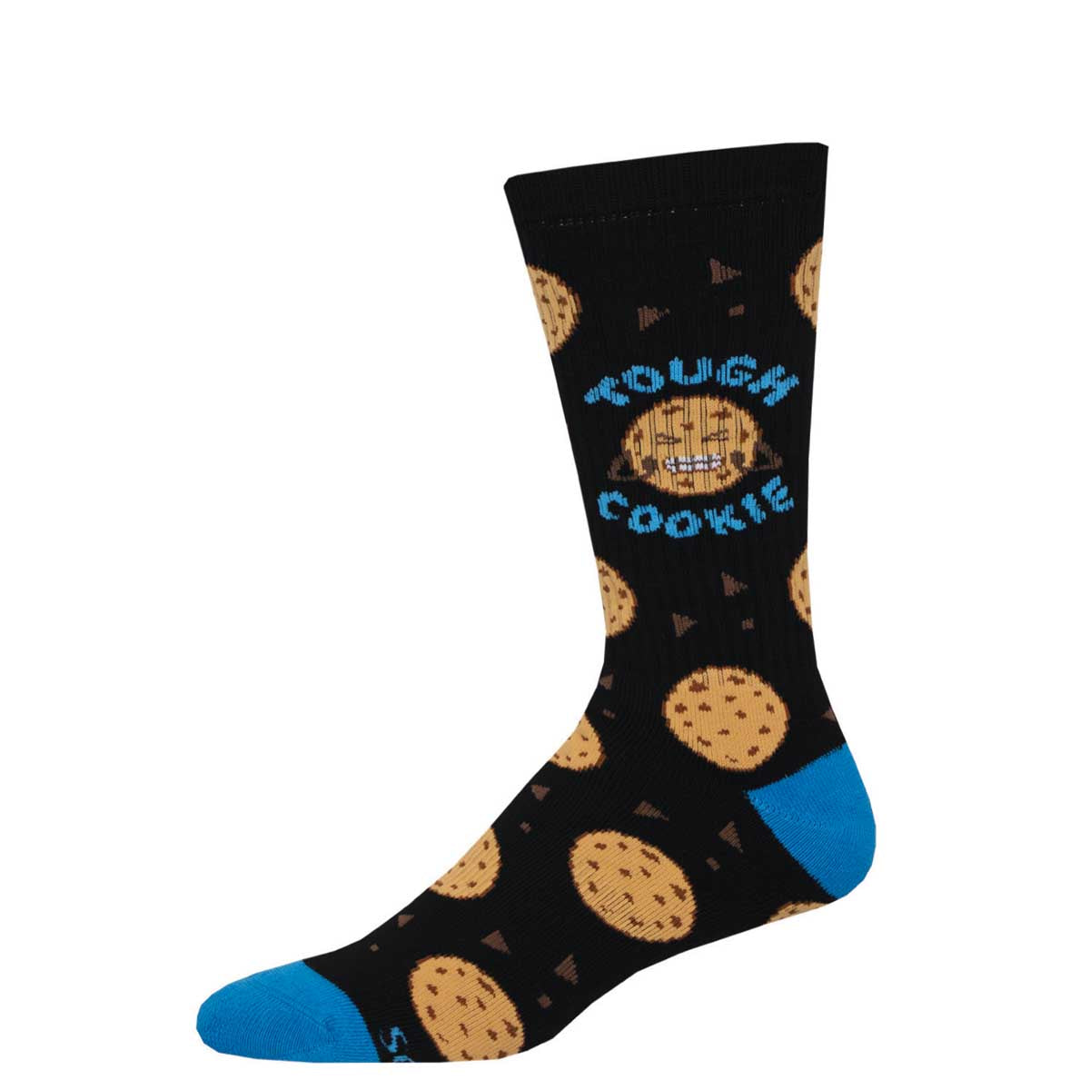 A pair of black crew socks with a pattern of cookies and the phrase 'TOUGH COOKIE' at the top, with blue toe and heel caps.