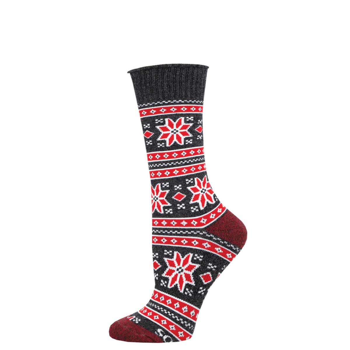 A pair of patterned socks with red and gray colors and snowflake designs, likely intended for winter wear.
