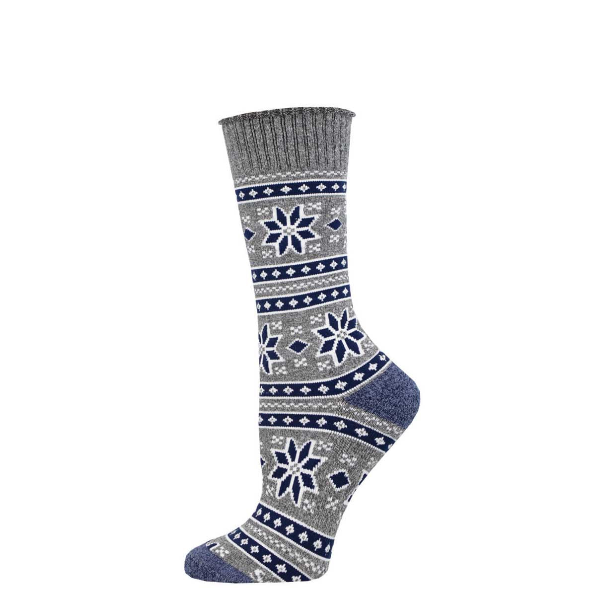 A pair of patterned socks with blue and gray colors and snowflake designs, likely intended for winter wear.