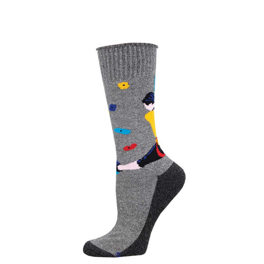 A pair of gray socks with a colorful graphic design of a person rock climbing, and additional small colorful shapes on the ankle area.