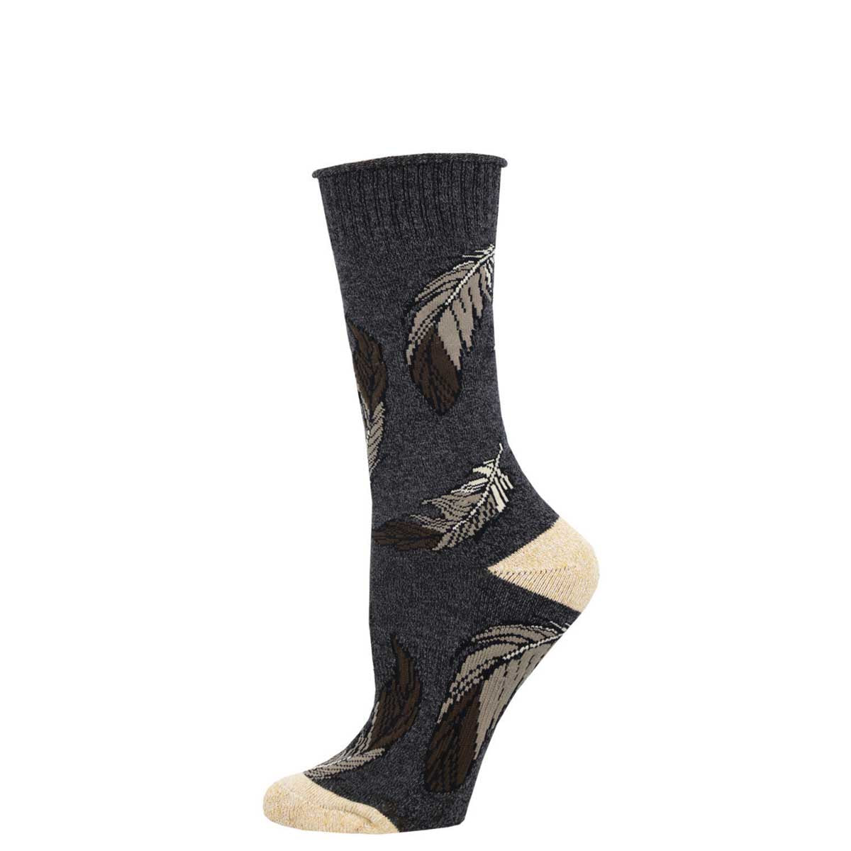 A pair of charcoal grey cotton crew socks with a feather pattern and cushioned footbed.