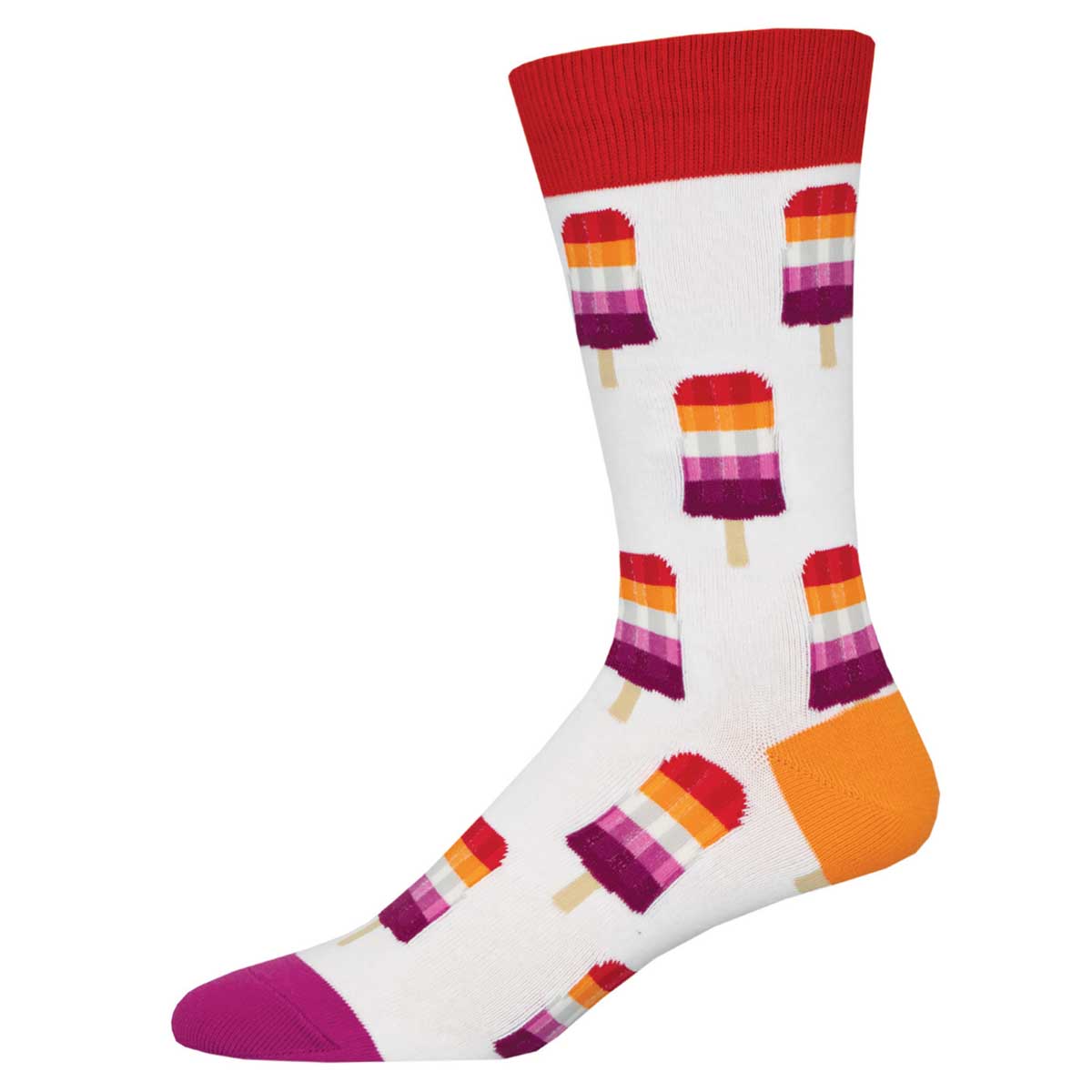 A pair of white crew socks with a pattern of colorful popsicles, featuring red, purple, and orange stripes, and matching red, purple, and orange color blocks on the sole and heel.
