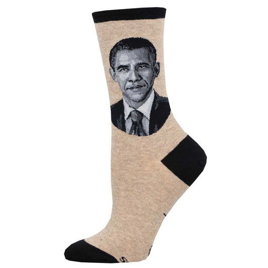 A pair of socks with a portrait of U.S. president, Barack Obama, printed on the side.