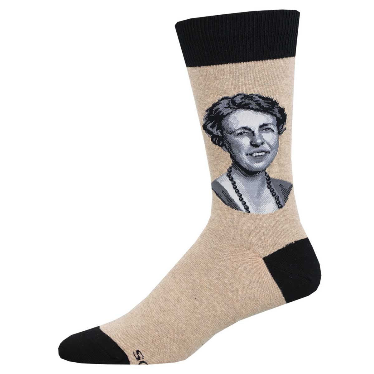 A pair of crew socks featuring a portrait of Eleanor Roosevelt on a beige background with black trim at the heel and toe.