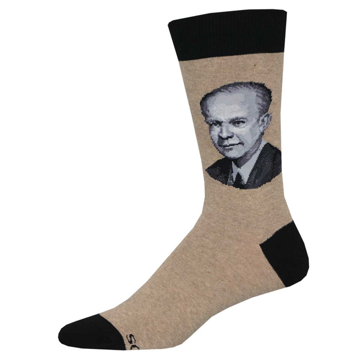 A pair of beige crew socks with a portrait of President Eisenhower printed on the upper side, along with black accents at the heel and toe.