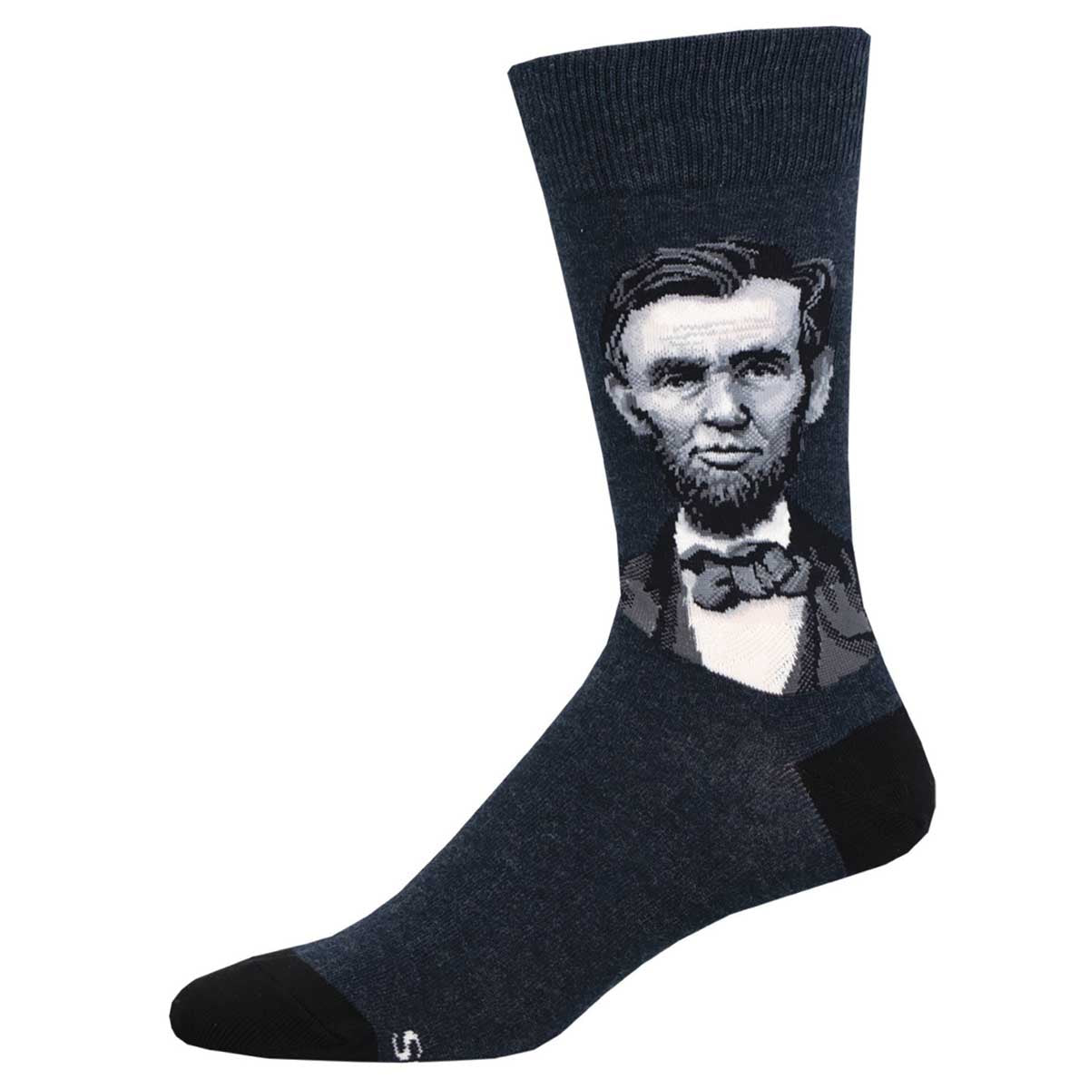 A pair of crew socks featuring a portrait of Abraham Lincoln.