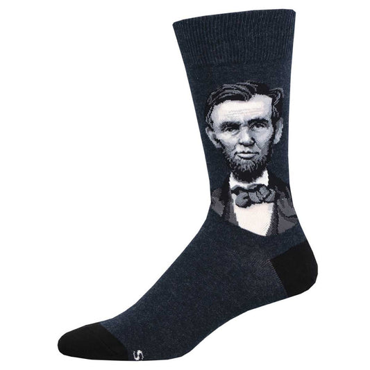 A pair of crew socks featuring a portrait of Abraham Lincoln.
