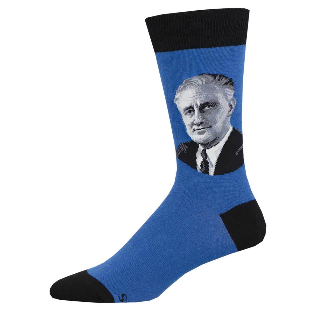 A pair of blue crew socks with a portrait of FDR (Franklin D. Roosevelt) printed on the side, along with black accents at the heel and toe.