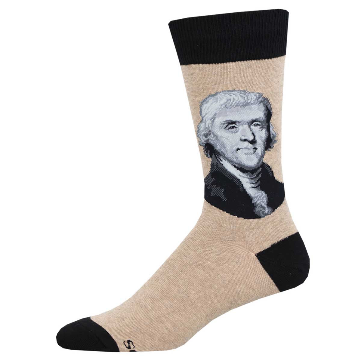 A pair of socks with the portrait of Thomas Jefferson printed on the side, predominantly beige in color with black accents at the heel and toe.