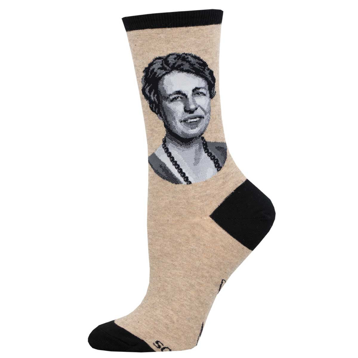 A pair of beige and black crew socks featuring a portrait of historical figure Eleanor Roosevelt, labeled as 'First Lady Eleanor'.