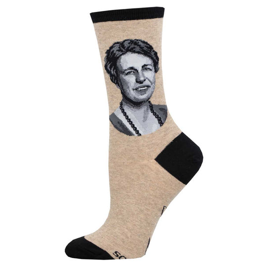 A pair of beige and black crew socks featuring a portrait of historical figure Eleanor Roosevelt, labeled as 'First Lady Eleanor'.