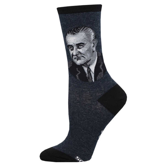 A pair of crew socks featuring a portrait of Lyndon B. Johnson