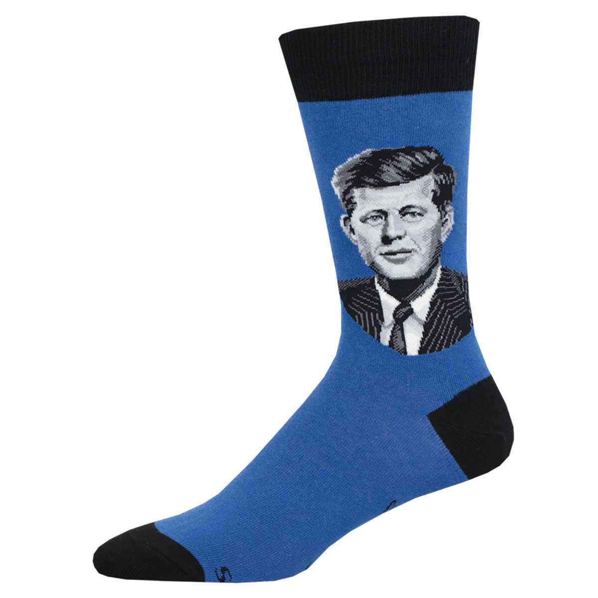 A pair of blue crew socks with a portrait of a historical figure and President, John F. Kennedy, on the leg.