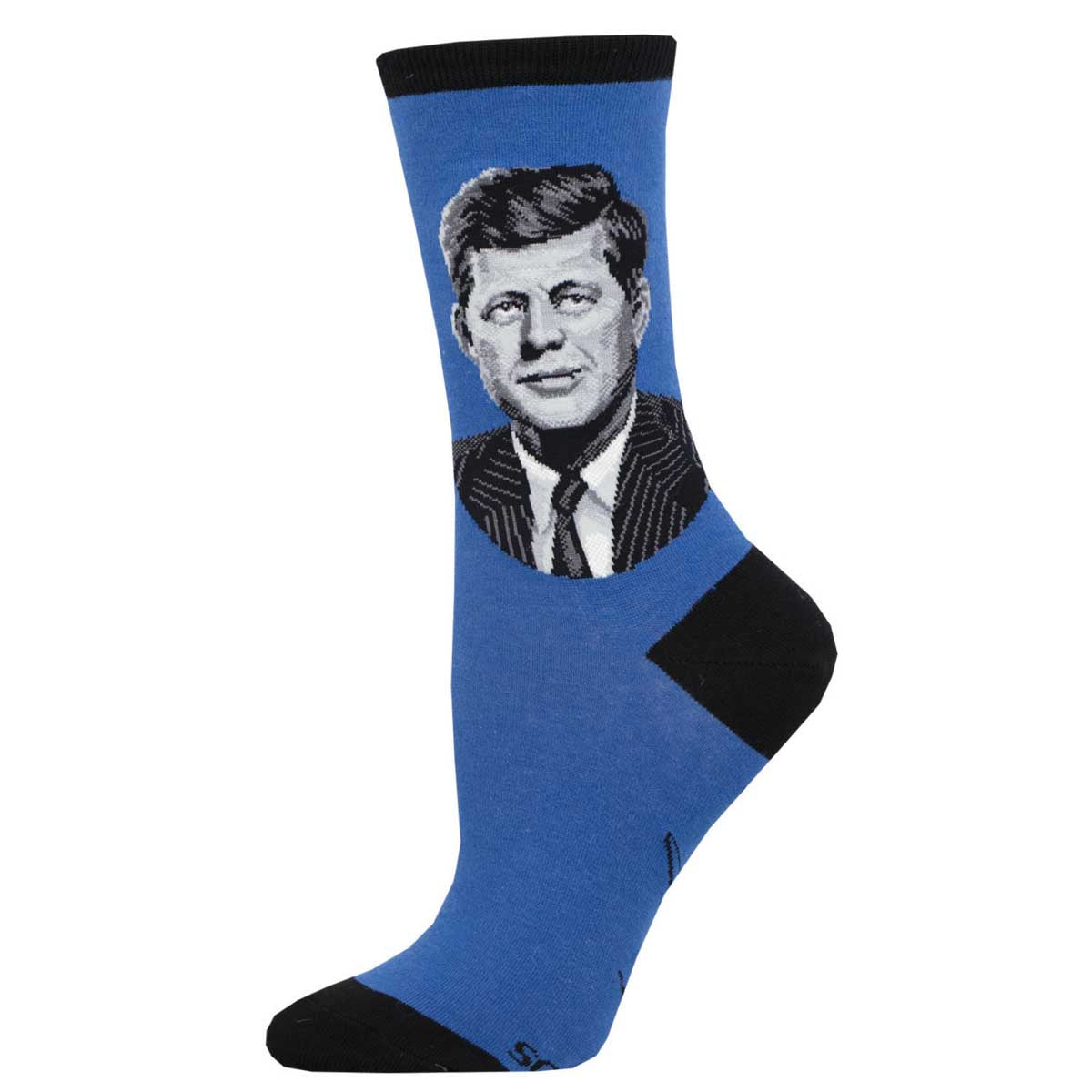 A pair of blue socks with a portrait of John F. Kennedy in black and white.