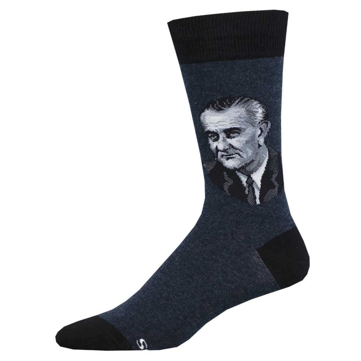 A pair of crew socks with a portrait of Lyndon B. Johnson in black and white on the leg, with the rest of the sock in a solid dark color.